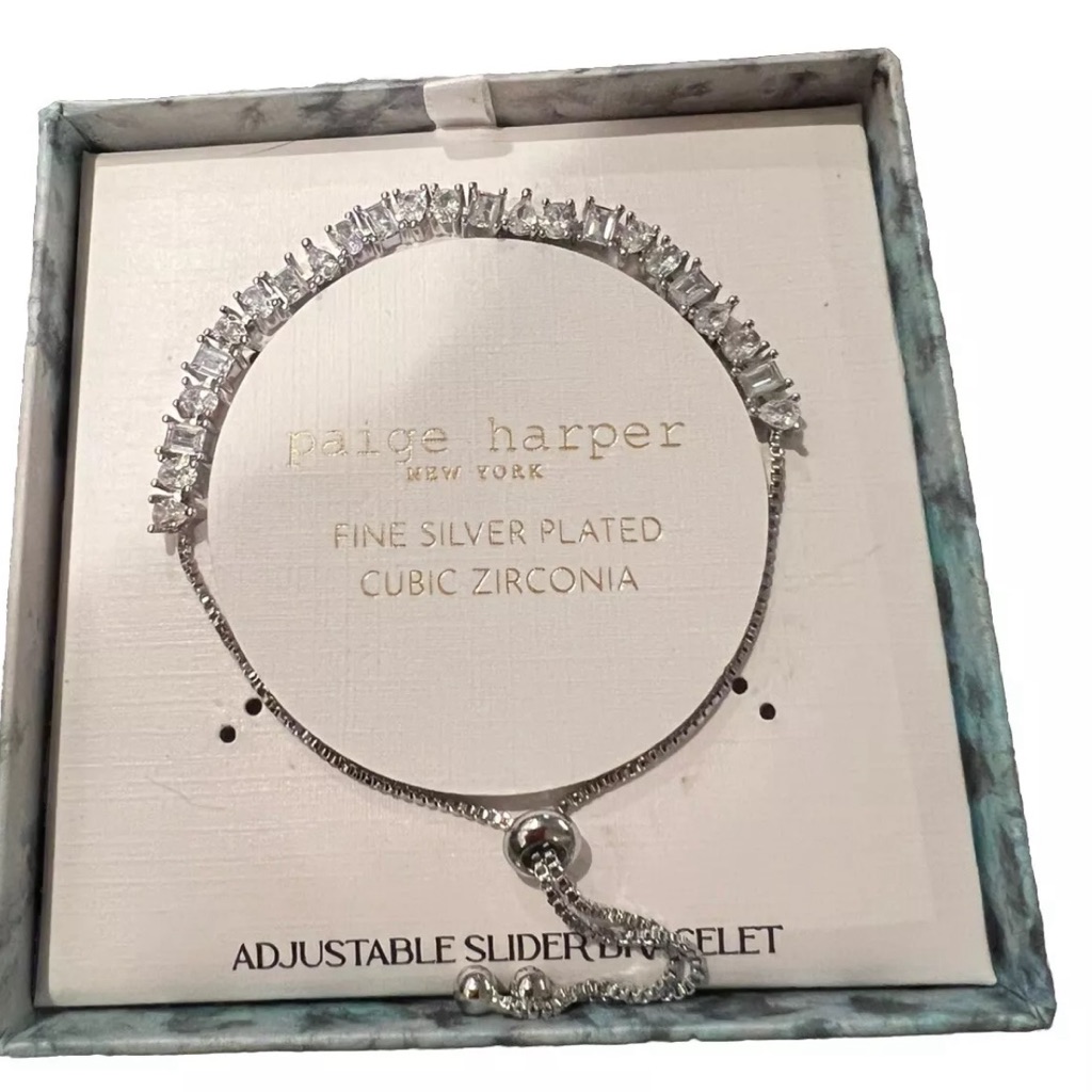 New In Box Silver Plated Cubic Zirconia Adjustable Slider Bracelet! Beautiful!!!